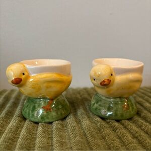 Lot Of 2 Vintage Ceramic Bordalo Pinheiro Portugal Easter Chick Egg Cups